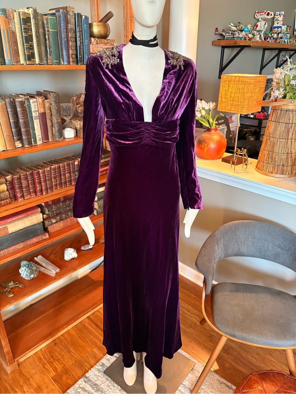 Dundas V-Neck Long Dress Plunge Velvet Evening Dress - Purple